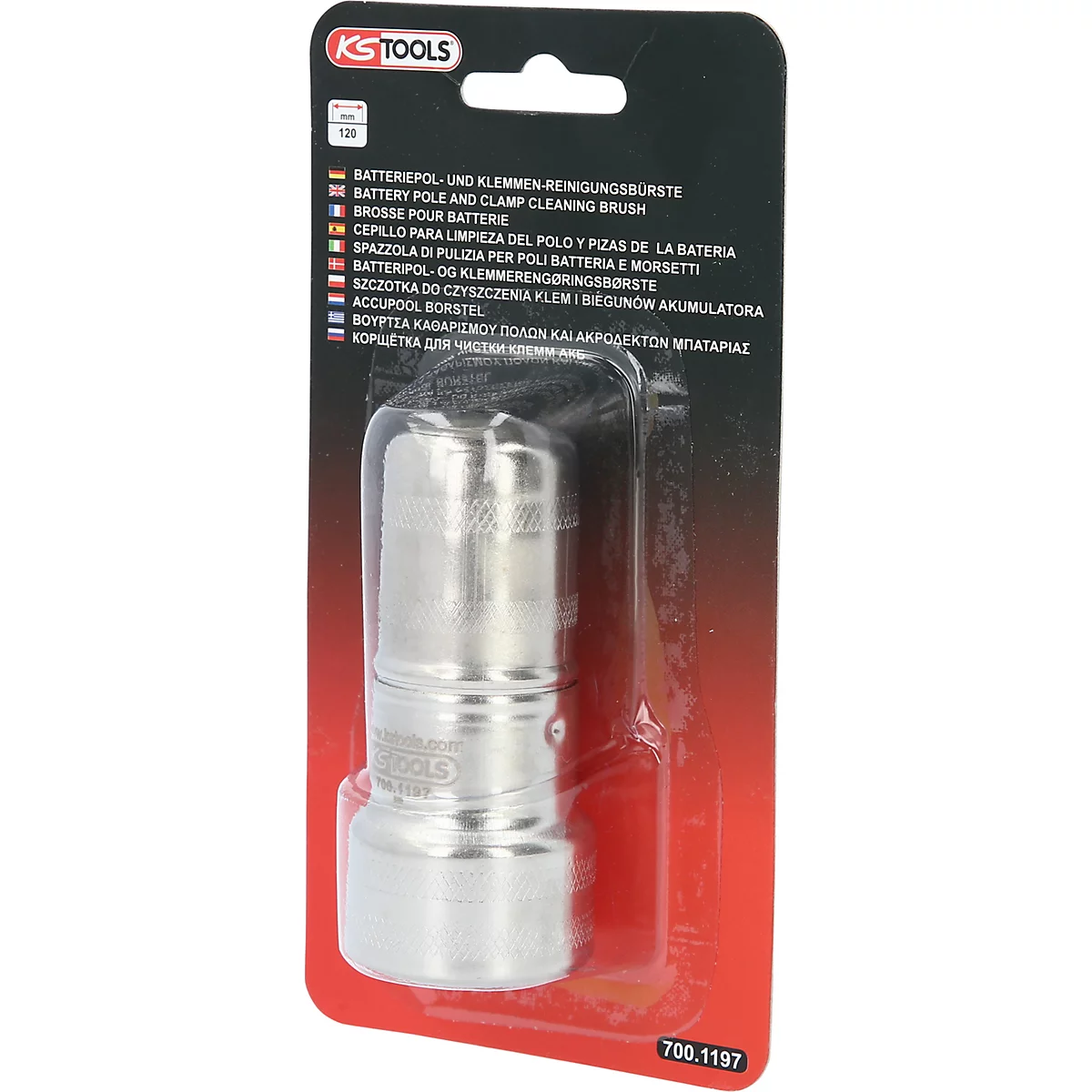 Batteriepol- und Klemmen-Reinigungsbürste in Blisterverpackung.